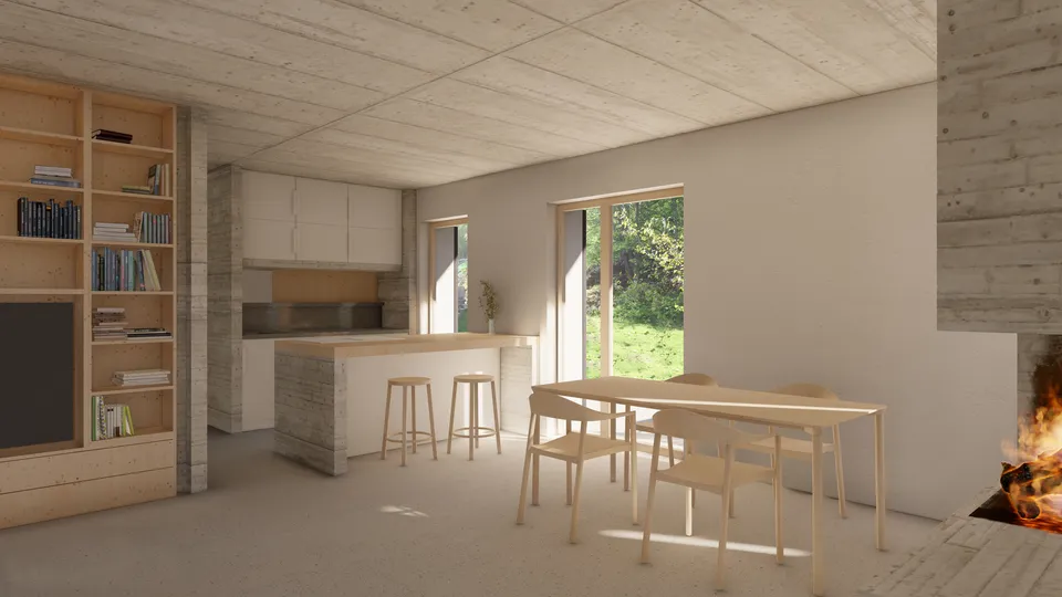 Casa SB — render interno, soggiorno e cucina