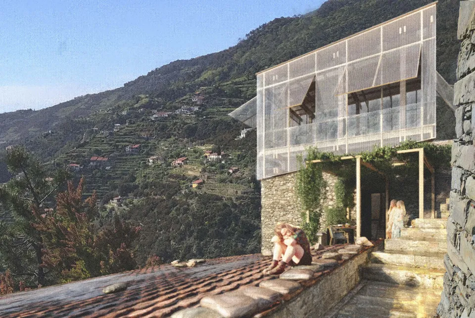 Diffused House — vista esterna al crepuscolo